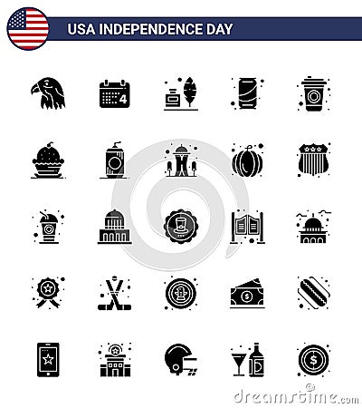 Set of 25 Vector Solid Glyph on 4th July USA Independence Day such as cola; cola; adobe; soda; beer Vector Illustration