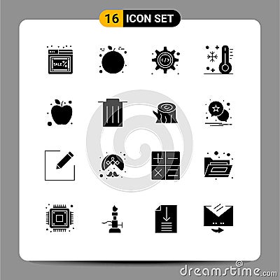 Set of 16 Vector Solid Glyphs on Grid for apple, temperature, html, summer, holiday Vector Illustration