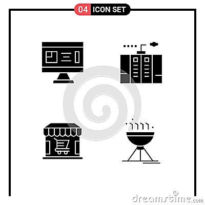 Set of 4 Vector Solid Glyphs on Grid for architecture, power, design, emergency, shop Vector Illustration