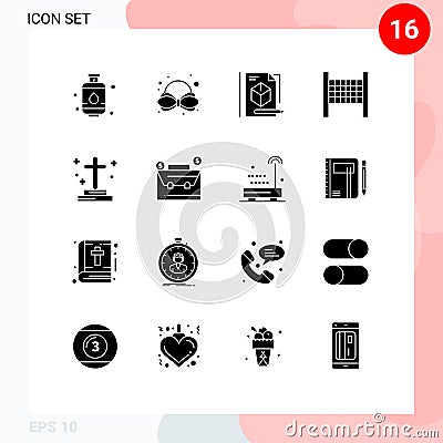 Set of 16 Vector Solid Glyphs on Grid for bag, grave, pencil, ghost, dead Vector Illustration