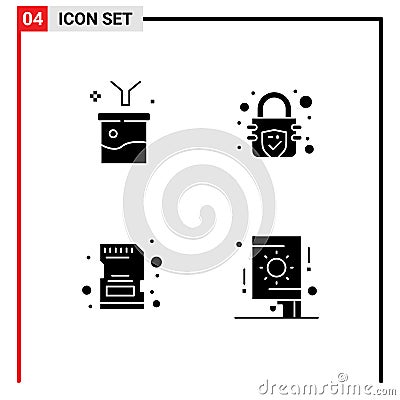 Set of Vector Solid Glyphs on Grid for big data and science concept, memory, funnel, lock, card Vector Illustration