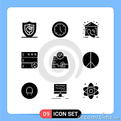 Set of 9 Vector Solid Glyphs on Grid for check, server, products, database, estate Vector Illustration