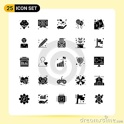 Set of 25 Vector Solid Glyphs on Grid for game, cards, growth, american, bloons Vector Illustration