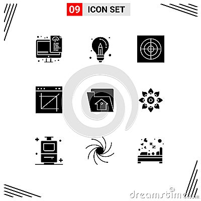Set of 9 Vector Solid Glyphs on Grid for home, web, idea, image crop, app Vector Illustration