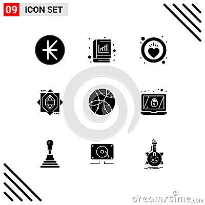 Set of 9 Vector Solid Glyphs on Grid for network, global, stat, design, core Vector Illustration