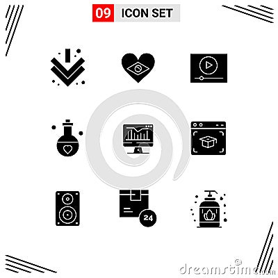 Set of 9 Modern UI Icons Symbols Signs for static, valentine, play, perfume, marriage Vector Illustration