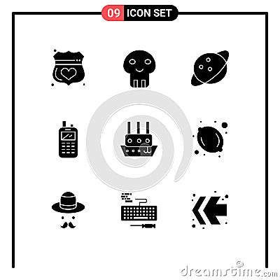 Set of 9 Vector Solid Glyphs on Grid for steamboat, wireless, death, receiver, phone Vector Illustration