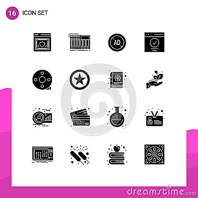 Set of 16 Vector Solid Glyphs on Grid for success, interface, synthesiser, communication, ad blocker Vector Illustration