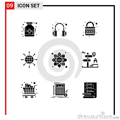 Set of 9 Vector Solid Glyphs on Grid for web, earth, internet, world, connect Vector Illustration