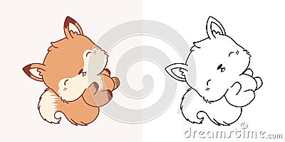 Set Vector Squirrel Multicolored and Black and White. Kawaii Clip Art Squirrel. Vector Illustration