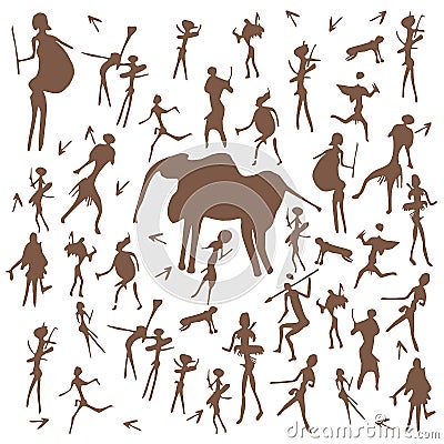 Set of vector stone age rock drawings ancient art illustration isolated on white background. Vector Illustration