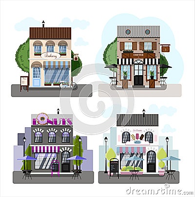 A set of vector stores, restaurants and cafes. Two-story donuts cafe, coffee house, ice-cream cafe and bakery. Flat Vector Illustration