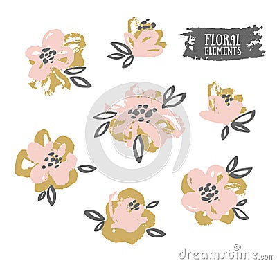 Set of vector stylish grunge pink and gold flowers. Vector Illustration