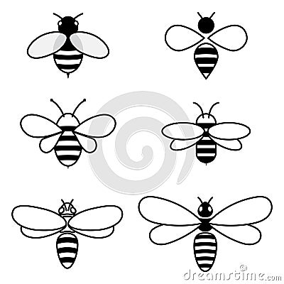 Set of vector stylized bees. Collection of logos with a honey bee. Icons with insects. Vector Illustration