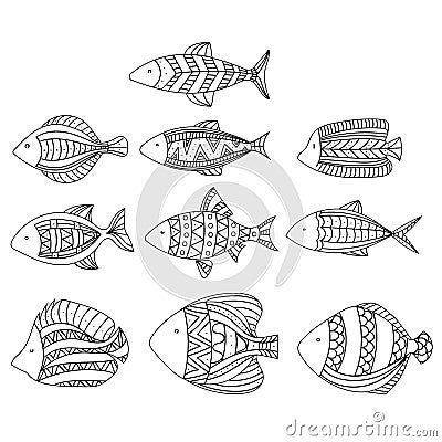 Set of vector stylized fishes. Collection of aquarium fish. Linear Art. Illustration for children. Vector Illustration