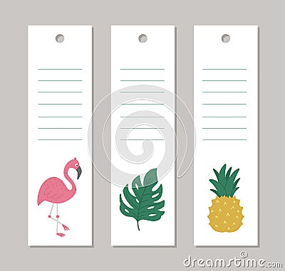 Set of vector summer vertical layout card templates with tropical animals, plants, flowers, fruit. Funny exotic pre-made bookmark Vector Illustration