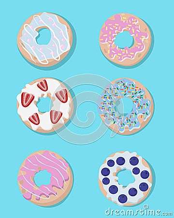 Set of vector, sweet colored donuts in modern flat style. Donut isolated for your design Cartoon Illustration