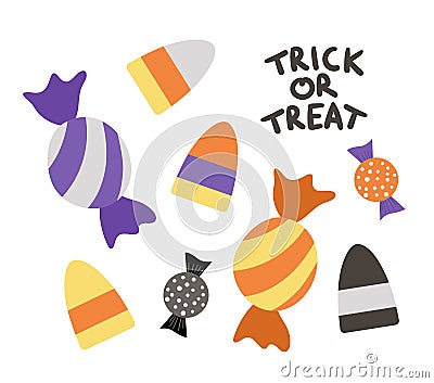 Set of vector sweets for trick or treat game. Traditional Halloween party food. Scary caramel candy collection. Stripy purple and Vector Illustration