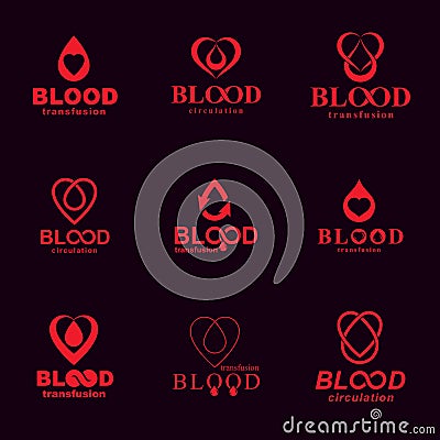 Set of vector symbols created on blood donation theme, blood transfusion and circulation metaphor. Medical care idea logotypes Vector Illustration