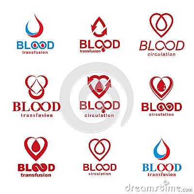 Set of vector symbols created on blood donation theme, blood transfusion and circulation metaphor. Medical care idea logotypes Vector Illustration