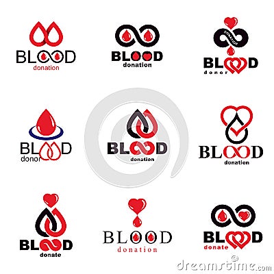 Set of vector symbols created on blood donation theme, blood transfusion and circulation metaphor. Medical care idea logotypes Vector Illustration