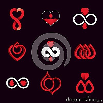 Set of vector symbols created on blood donation theme, blood transfusion and circulation metaphor. Medical care idea logotypes for Vector Illustration