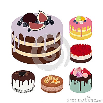 Set of Vector Tasty Cakes Isolated on White Background. Illustrations for Confectionery, Cafe and Greeting Cards. Vector Illustration