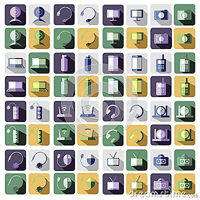 Set of vector technology flat icons of PC, monitor, headphones, router, battery, USB flash drive, web camera Vector Illustration