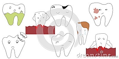 Set of vector teeth for dentists. Sick, happy, cute teeth for brochures, website, design. Isolated elements, simple style. Vector Vector Illustration