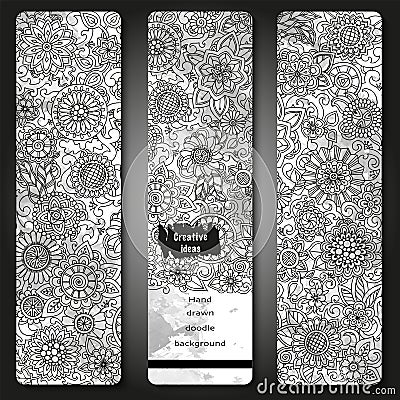 Set of vector template banners with watercolor paint abstract background and doodle hand drawn flowers. Black and white pattern. Vector Illustration