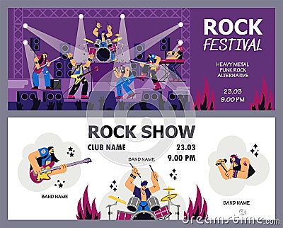 Set of vector template tickets Rock band show, festival. Guitar player, pianist, vocalist and drummer in Vector Illustration