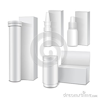 Set of vector template of white plastic bottles with cap for medicine, pills, tabs, spray. Packaging mock up Vector Illustration