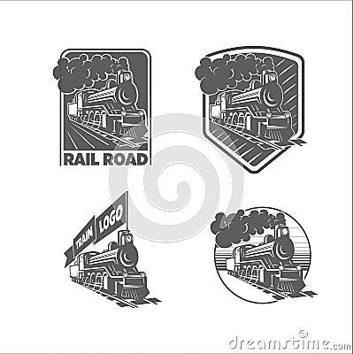 Set of vector templates with a locomotive. Vintage train, logotypes, illustrations. Vector Illustration