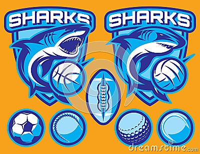 Set of vector templates for sports badges with sharks and balls Vector Illustration