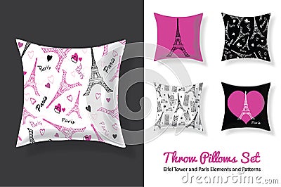 Set Of Vector Throw Pillows In Matching Unique Eifel Tower, Paris Prints and Repeat Patterns. Square Shape. Editable Vector Illustration