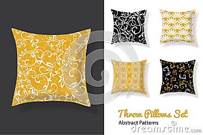 Set Of Vector Throw Pillows In Matching Unique Neutral Nursery Room Patterns. Square Shape. Editable Vector Template. Vector Illustration