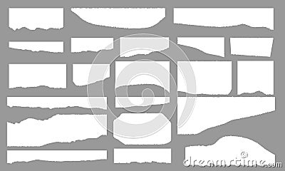 Set vector torn paper strips isolated on gray background.Torn paper with torn edges.Notes, scraps of notebook pages Vector Illustration