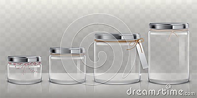 Set of vector transparent glass jars for storage of food products, canning and preserving, Vector Illustration