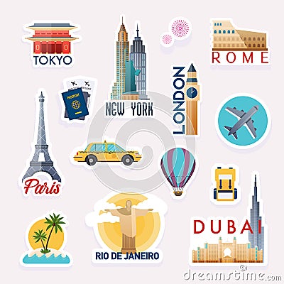 Set of vector travelling stickers. Stickers and elements set with landmarks of the world Vector Illustration