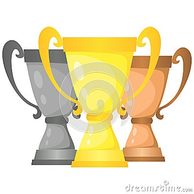 Set of vector trophy champion cups in gold, silver and bronze. Vector Illustration