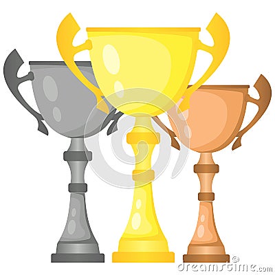 Set of vector trophy champion cups in gold, silver and bronze. Vector Illustration