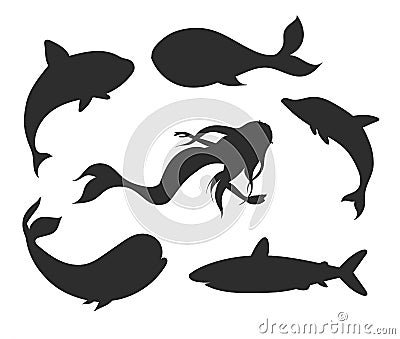 Set of vector underwater life silhouettes with mermaid, whales, Vector Illustration