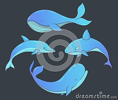 Set of vector underwater life with whales and dolphin. Sea creatures isolated on the dark background. Vector Illustration