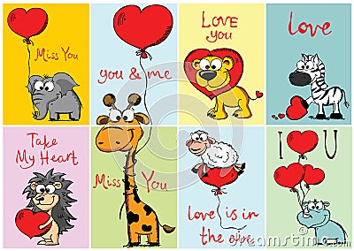 Set of 8 Vector Valentine's cards with cute animals and hand drawn funny texts. Vector Illustration