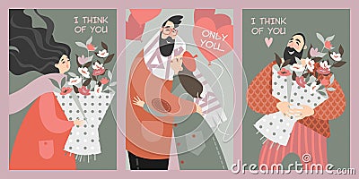 Set of vector Valentines day cards in cartoon style Vector Illustration