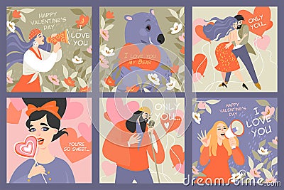 Set of vector Valentines day cards with funny characters in cartoon style Vector Illustration