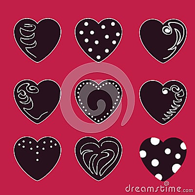 Set of vector valentines made of nine hearts. The main colors are black and white. Vector Illustration