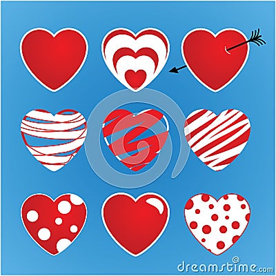 Set of vector valentines made of nine hearts. The main colors red and white. Vector Illustration