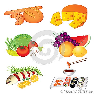 Set of vector various tasty food on white background Vector Illustration