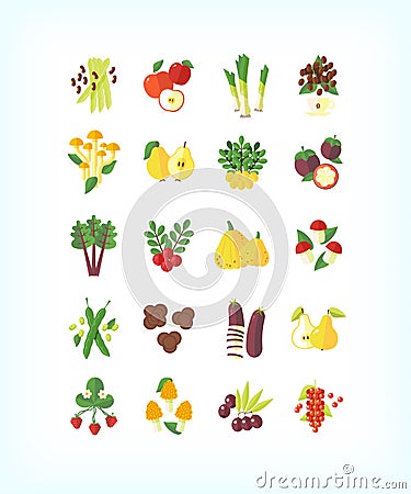 Set of vector vegetarian organic food. Flat fruit and vegetables icon set. Vector Illustration